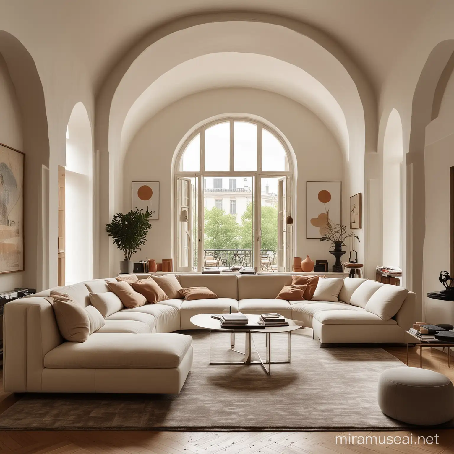 Contemporary Interior Design with Vladimir Kagan Sofa Set and Architectural Accents