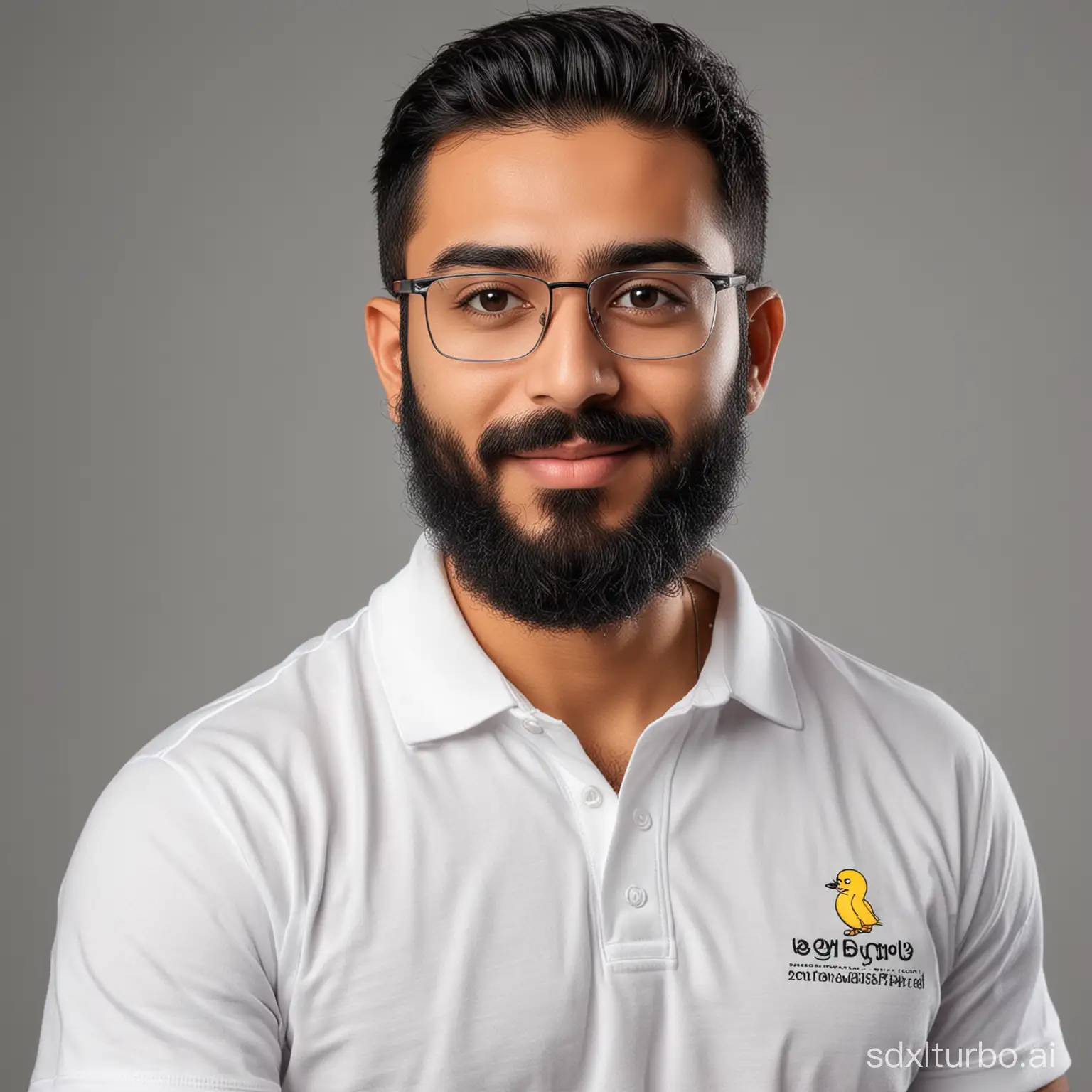 Core Network Engineer at Beyon Telecom Bahrain, name is Duraid Alghadban with a grown beard and a white polo t-shirt with titanium medical glass and a tweety hair style