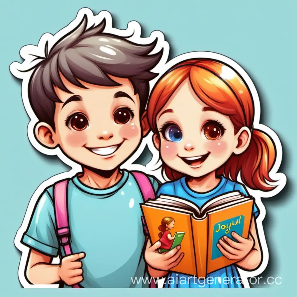 sticker boy and girl beautiful with children's books joyful