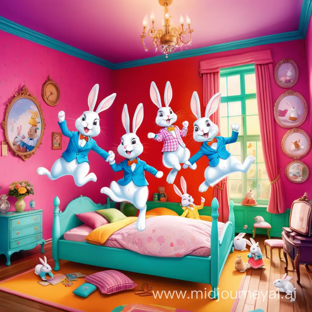 /imagine FIVE happy rabbits in clothes jumping on a big bed in a colorful room 