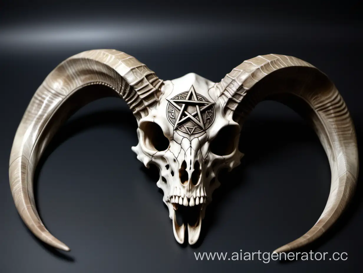 detailed goat skull, spiral horns, pentagram etched in forehead
