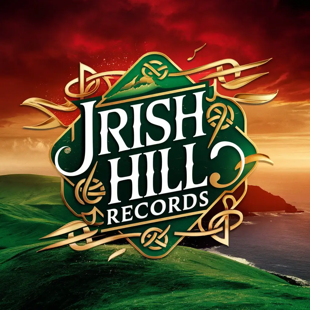 Logo for Irish Hill Records with island feel in red gold and green colors

