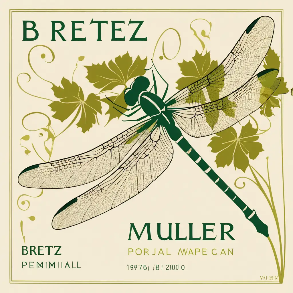 white wine label, dragonfly flying over flower and grape leaf, green and beige colors, minimalist style, name BRETZ, under name Müller-Thurgau