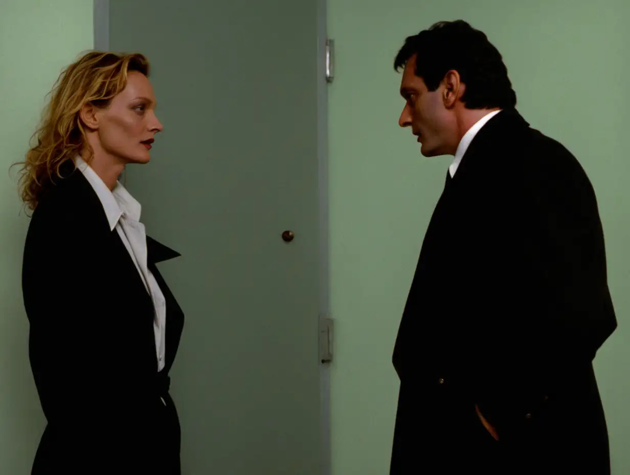 1985, vhs still, long wide shot, uma thurman as a spy, she is in paris, she is talking to a man