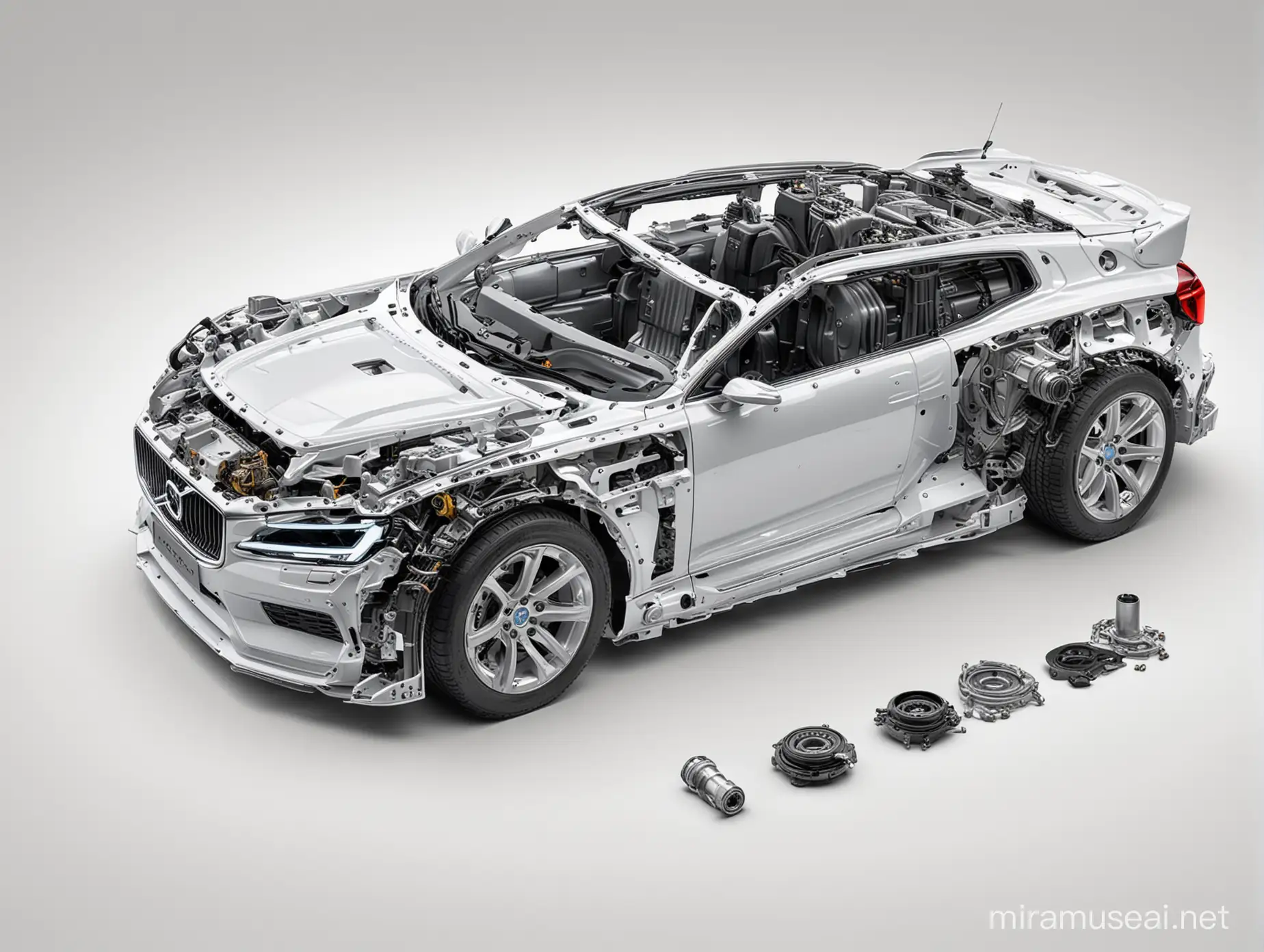 Generate an artificial intelligence image with a white background depicting flawless compatibility between a Volvo spare part and another component, enhancing the overall aesthetics and functionality of the vehicle. The part should seamlessly integrate with the other components of the car while the white background of the image should accentuate the details and quality of the part