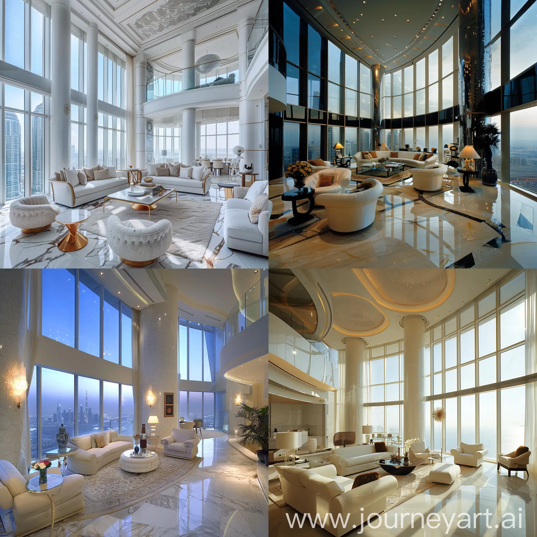 neo-cosmic style liveing room, double length floor to celling windows, high celling, Dubai penthouse 