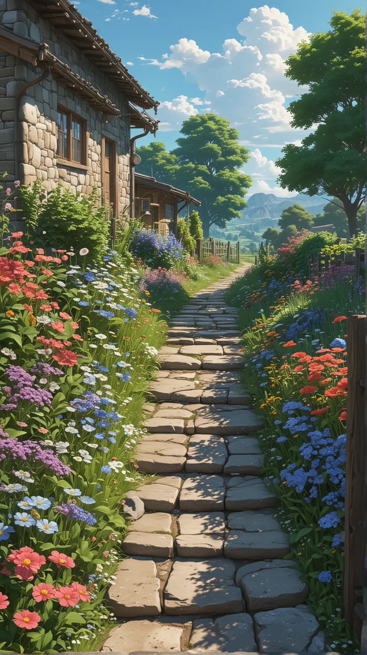 Stones path to a farm house country side style, wood fence, beautiful vibrant variant flowers and greenery, beautiful morning sky, Ultra detailed, render 8k, stable diffusion, acrylic palette knife, anime, makoto shinkai style, ghibli style, 8k render, mystics_meta style, full shot photography style, stable diffusion,ultra detailed, trending pixiv style