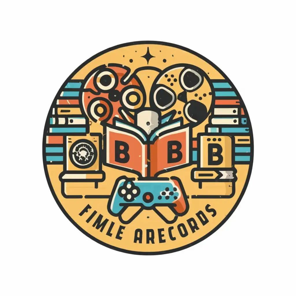 a logo design,with the text "books, movie film, Vinyl Records, game controllers", main symbol:books, movie film, Vinyl Records, game controllers,Moderate,be used in Entertainment industry,clear background