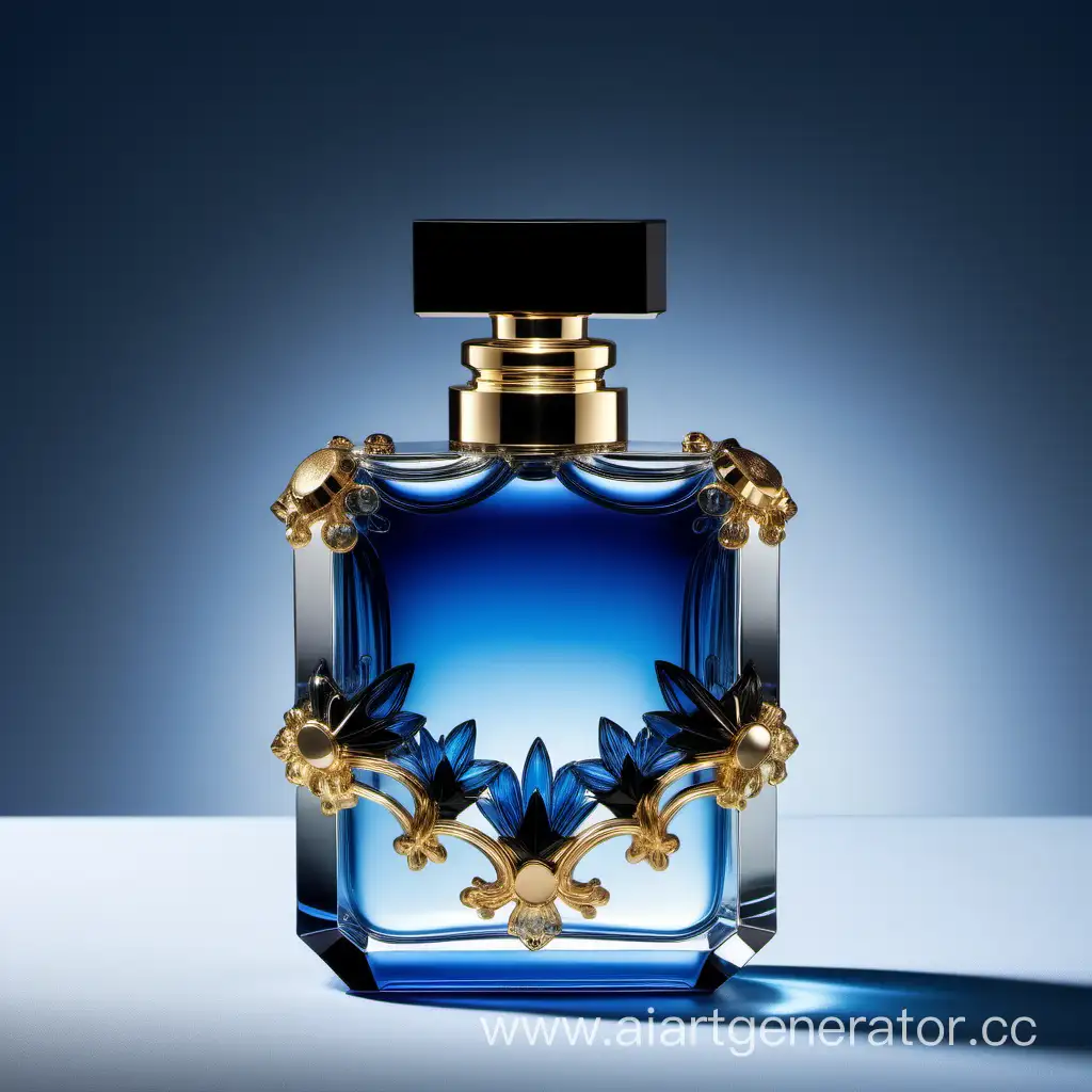 Elegant-Crystal-Clear-Perfume-Bottle-in-Blue-Black-and-Gold