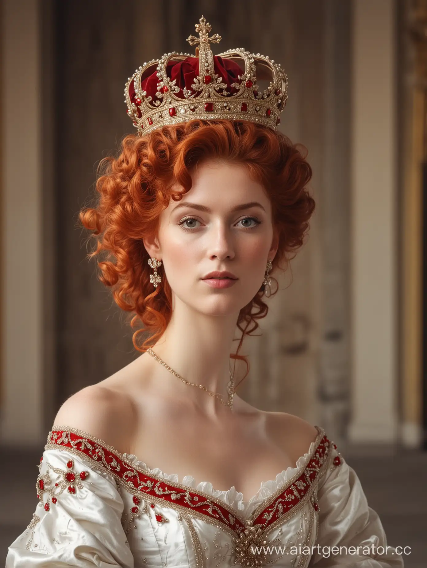 noble English lady with red hair in curls in a crown and a royal dress in white and red against the background of the palace