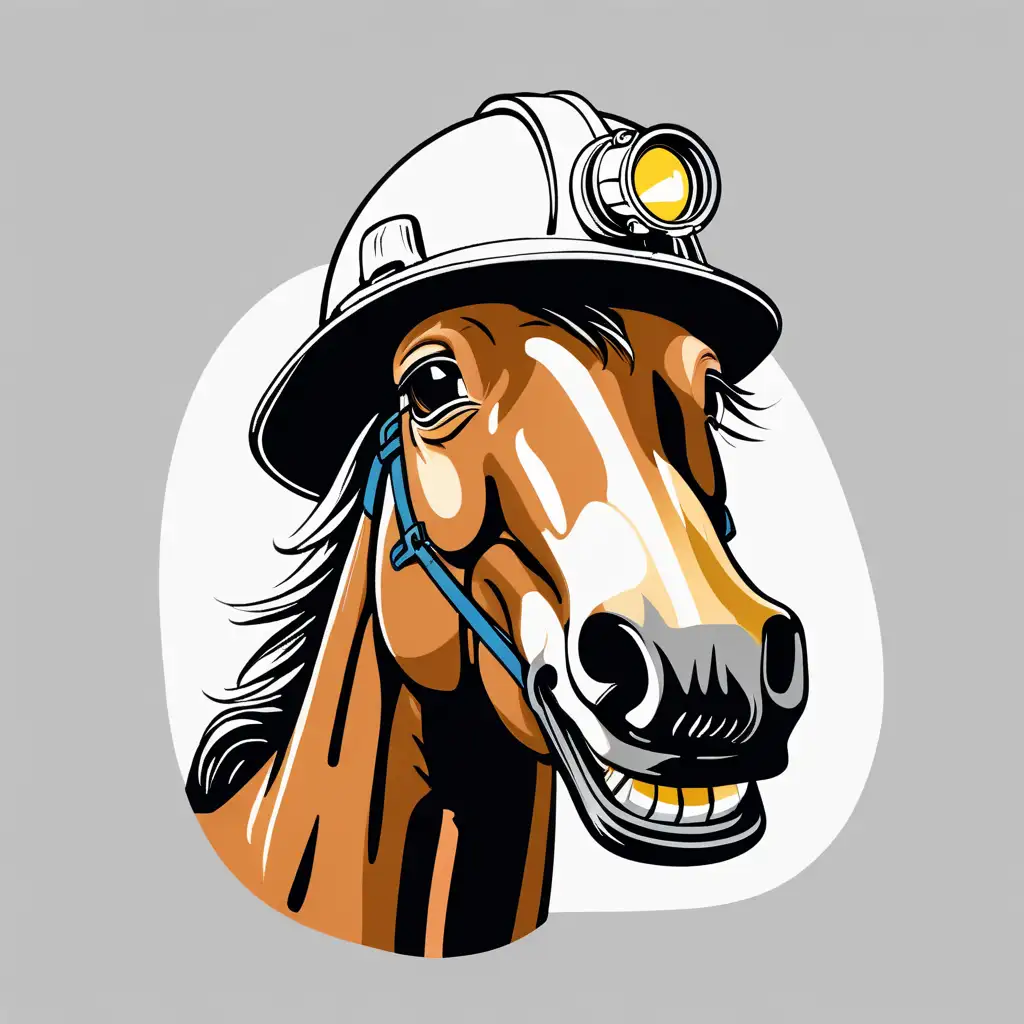 lustiger lachender
 pferdekopf, als minenarbeiter mit helm und kopflampe
ohne hintergrund mit weisser jacke 
