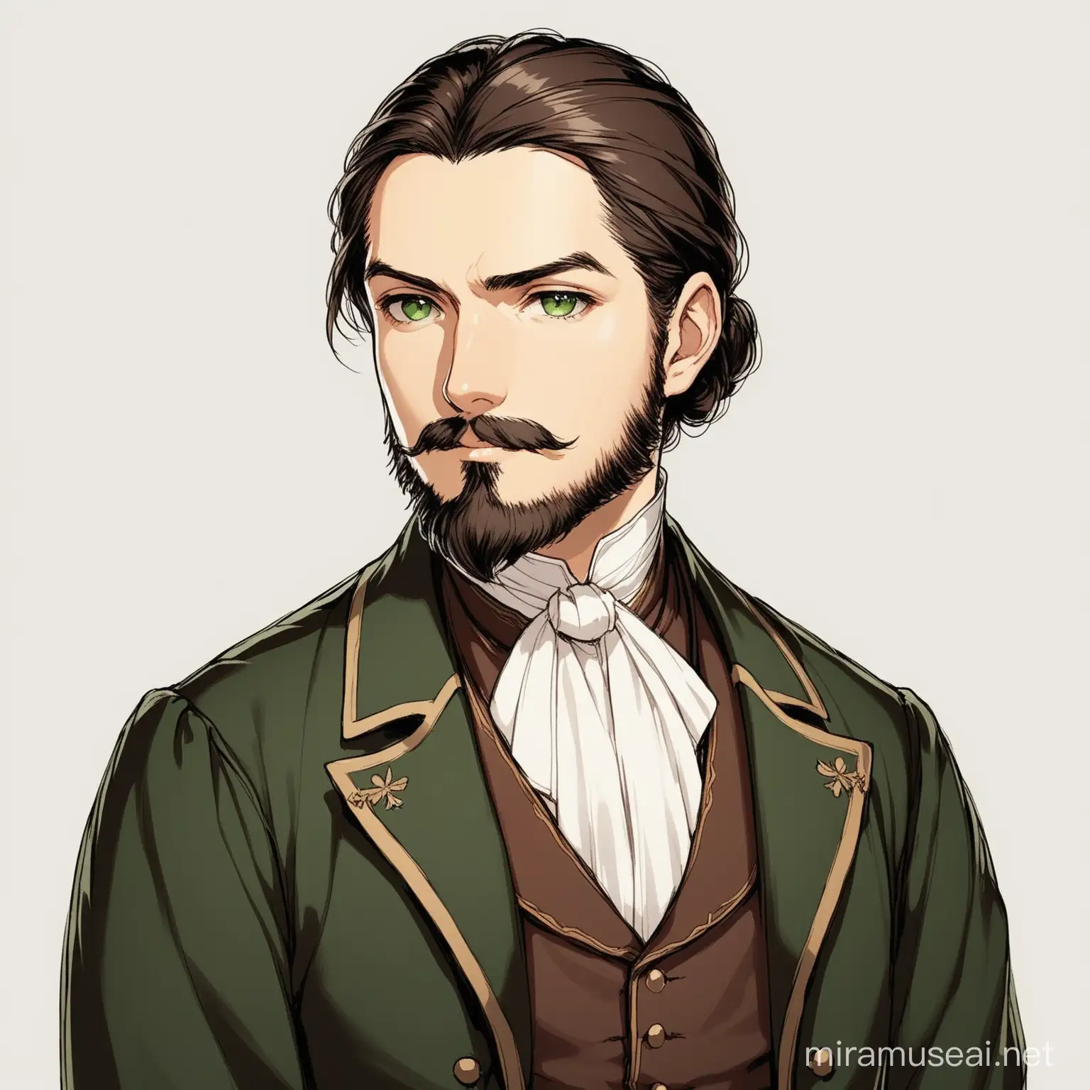 1man, late 30s, dark brown hair, dark green eyes, faint beard, late 19th century nobleman clothing, white background 