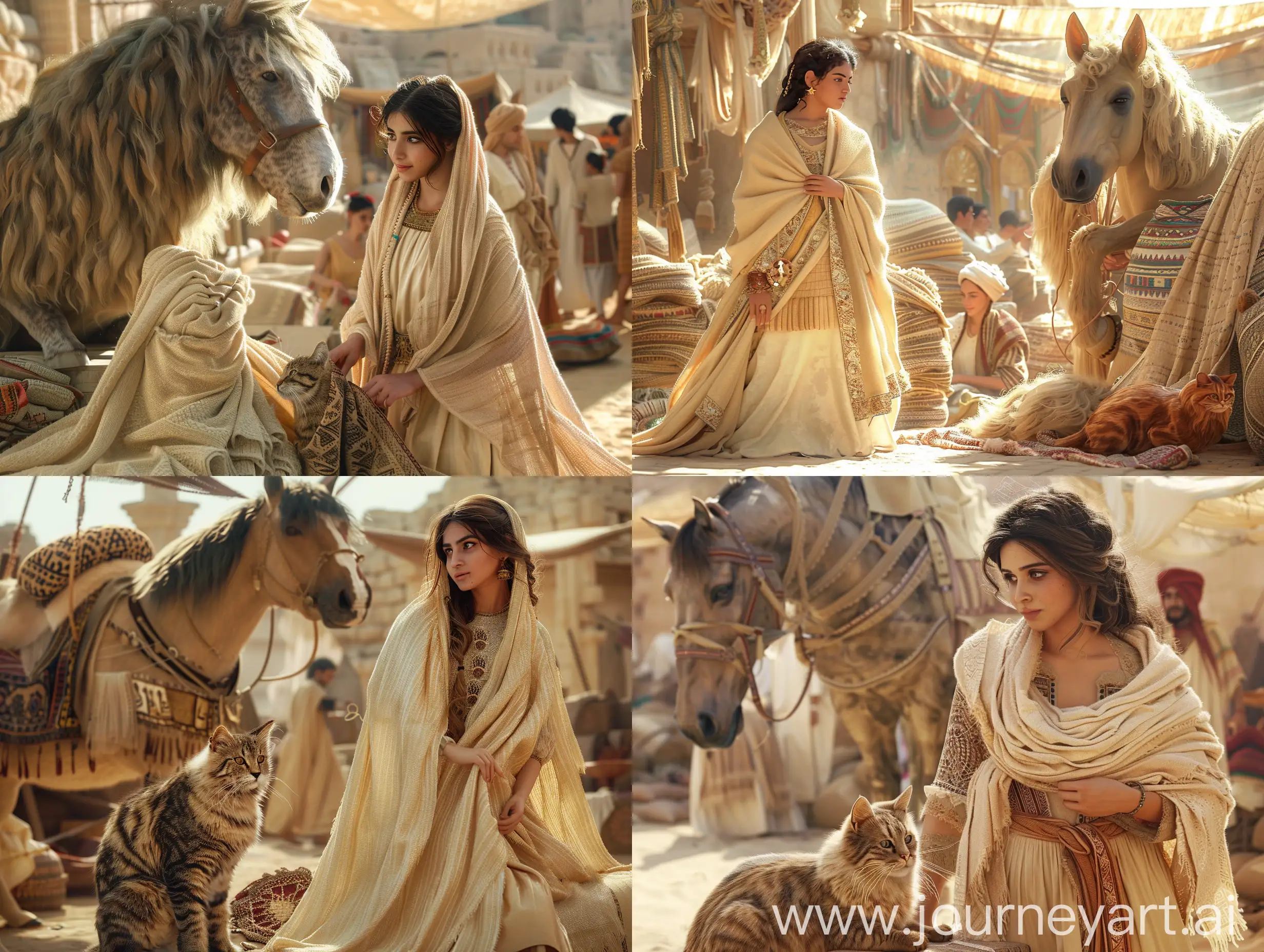 A beautiful young Persian woman in a traditional dress and a cream-colored shawl is selling shawls she has woven in the Arg Bam Bazaar in the Persian Empire, while a giant horse-sized persian cat sits next to her vendor.  The rest of the marketers are also like this. in a desert, in an ancient civilization, cinematic, epic realism,8K, highly detailed, medium shot, upper body, glamour lighting, natural lighting, backlit 