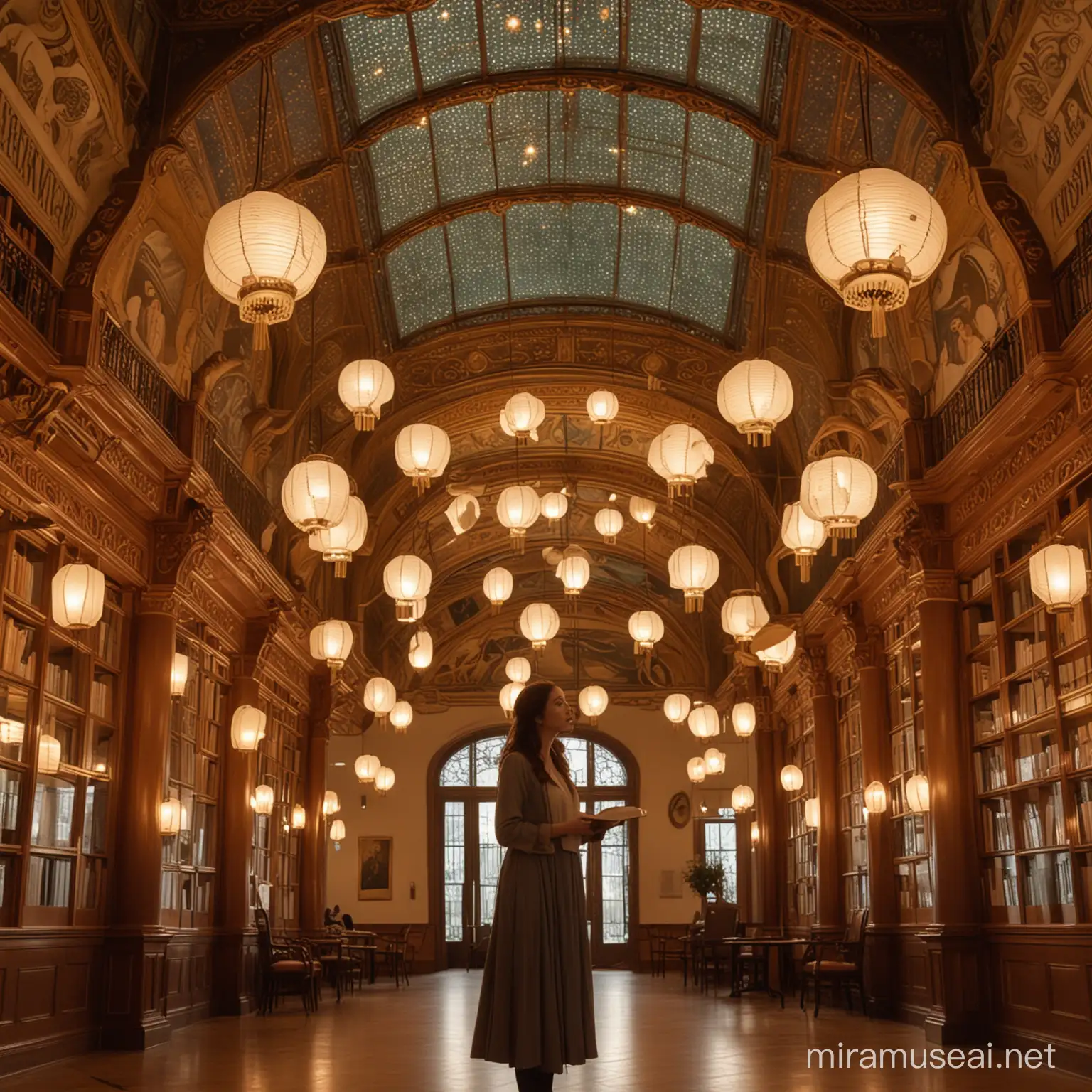 art nouveau style, grand library in background, floating lanterns, woman that has multiple faces and multiple arms, writing and reading