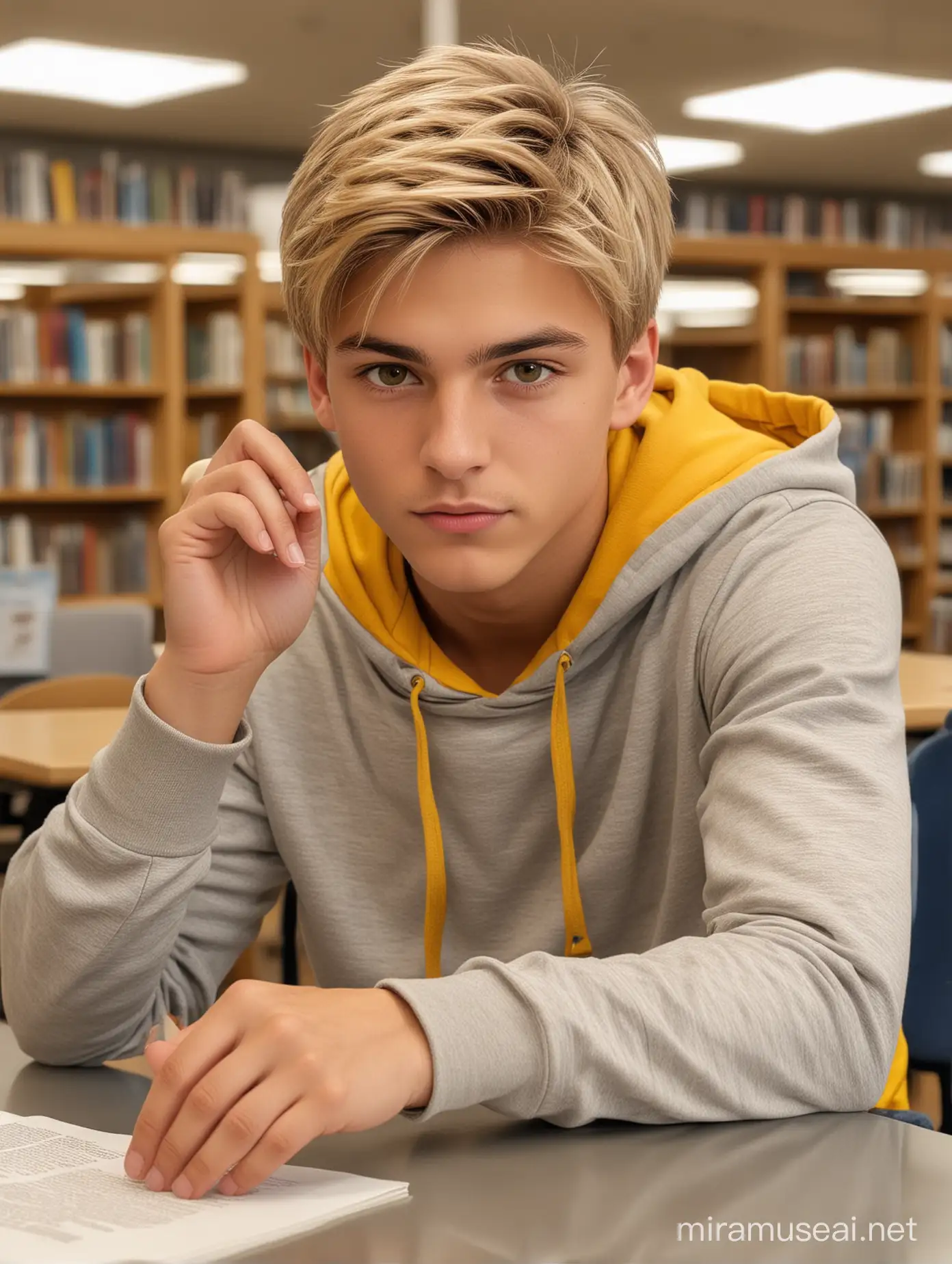 Blonde very handsome,,boy, boy, 18 years old, (beautiful live ocher-brown eyes with 3D reflection of light), back, sports figure, detailed hands and fingers, tanned, blonde hair, athlete, golden Blonde short-cut hair with pointed hair, detailed skin and fine hairs on the face, dressed gray jeans, yellow hoodie, sitting at the table in the school library in front of the book