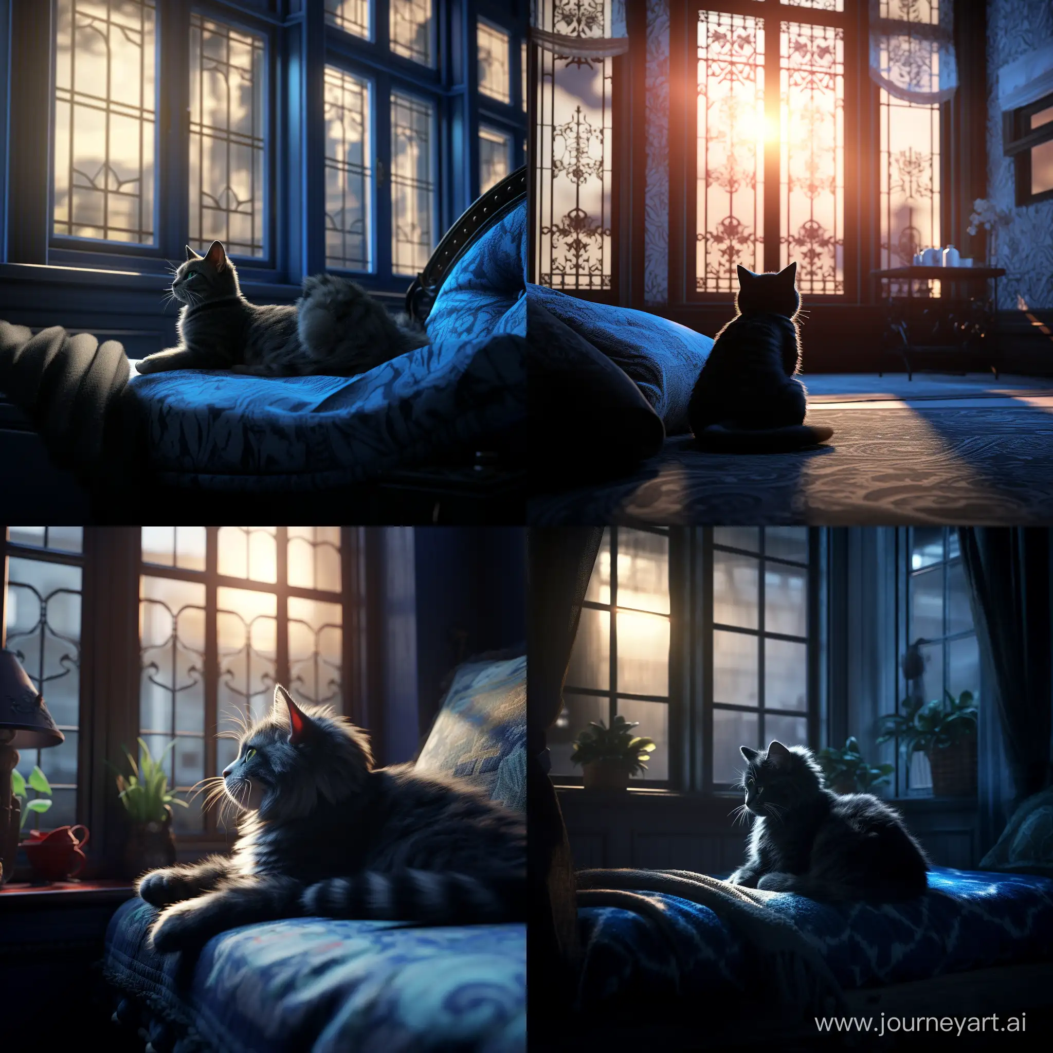 Relaxing-Blue-Cat-with-Patterns-by-the-Window