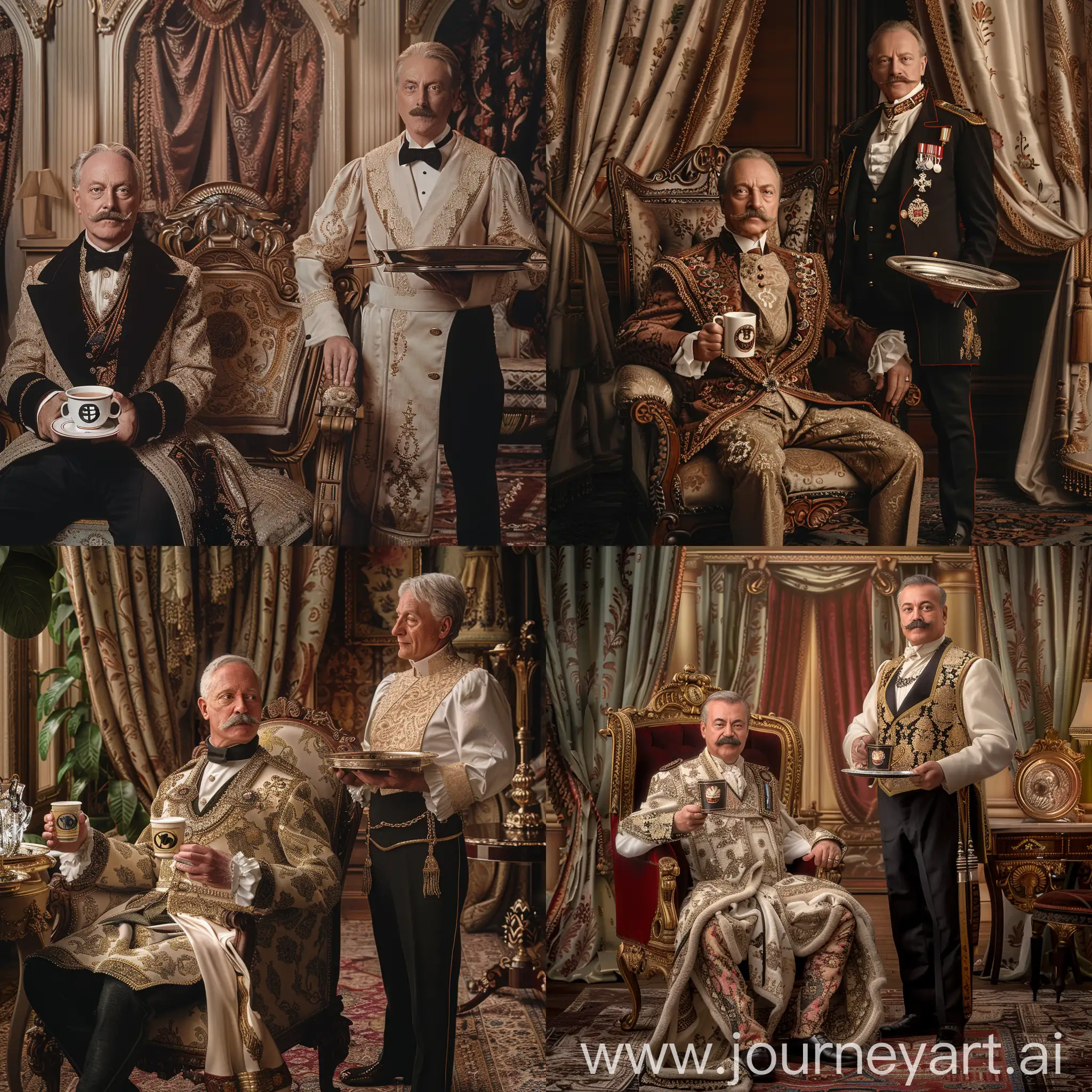 A stately scene set in the 1900s, featuring a regal middle-aged man with a mustache, sitting in an ornately carved chair, dressed in traditional royal attire, and holding an espresso cup with a logo. He and his butler, who is also dressed formally and standing next to him with a silver tray, are facing the viewer. The backdrop is a lavish room with exquisite vintage furnishings, including plush curtains and a detailed carpet, epitomizing the splendor of early 20th century European aristocracy.