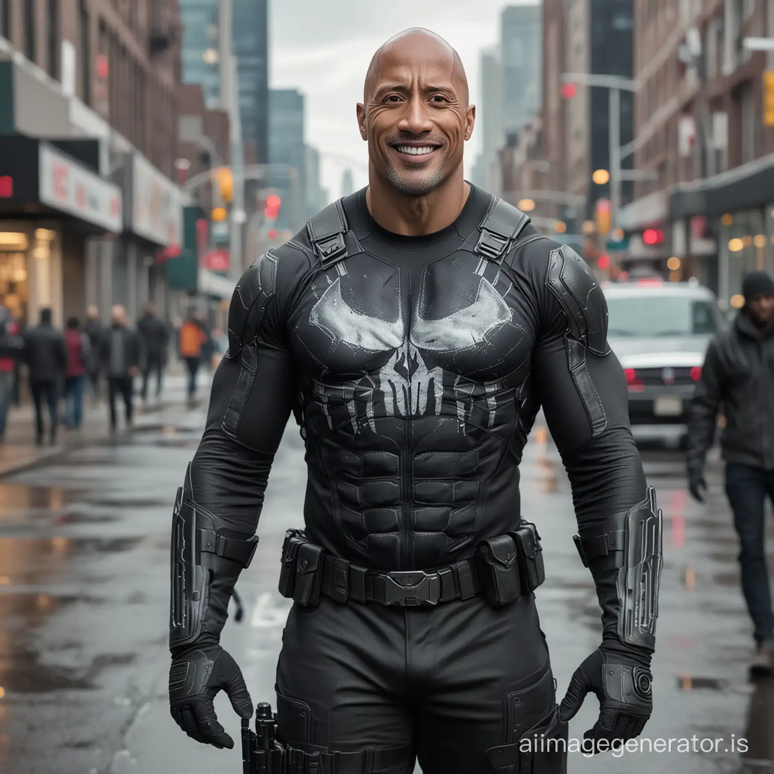 Dwayne-Johnson-in-Punisher-Suit-Smiling-on-Blurry-Canadian-Street