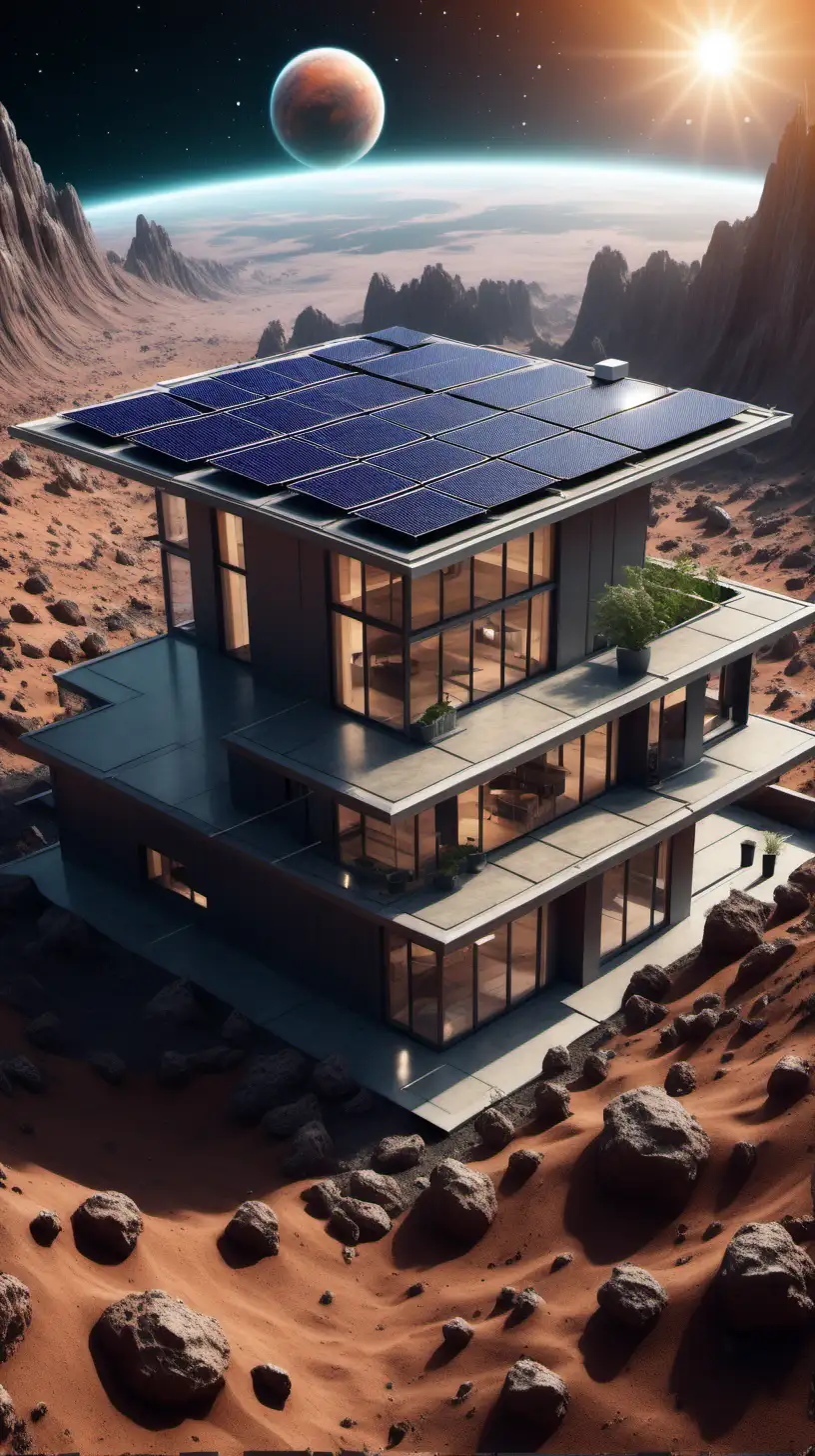A fascinating house with solar panels in an unknown planet, hyper realistic photography, ultra detailed