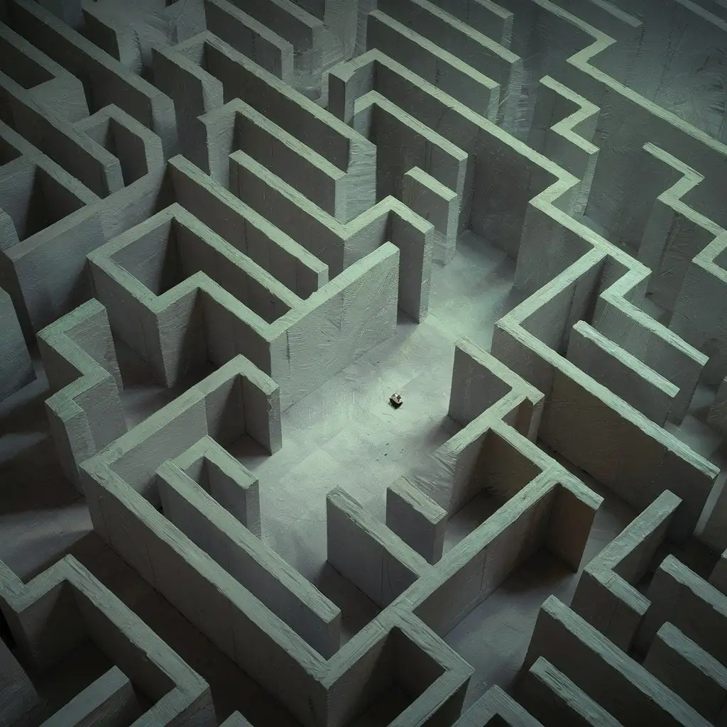 A simple, abstract depiction of a maze, using lines and a single exit point.