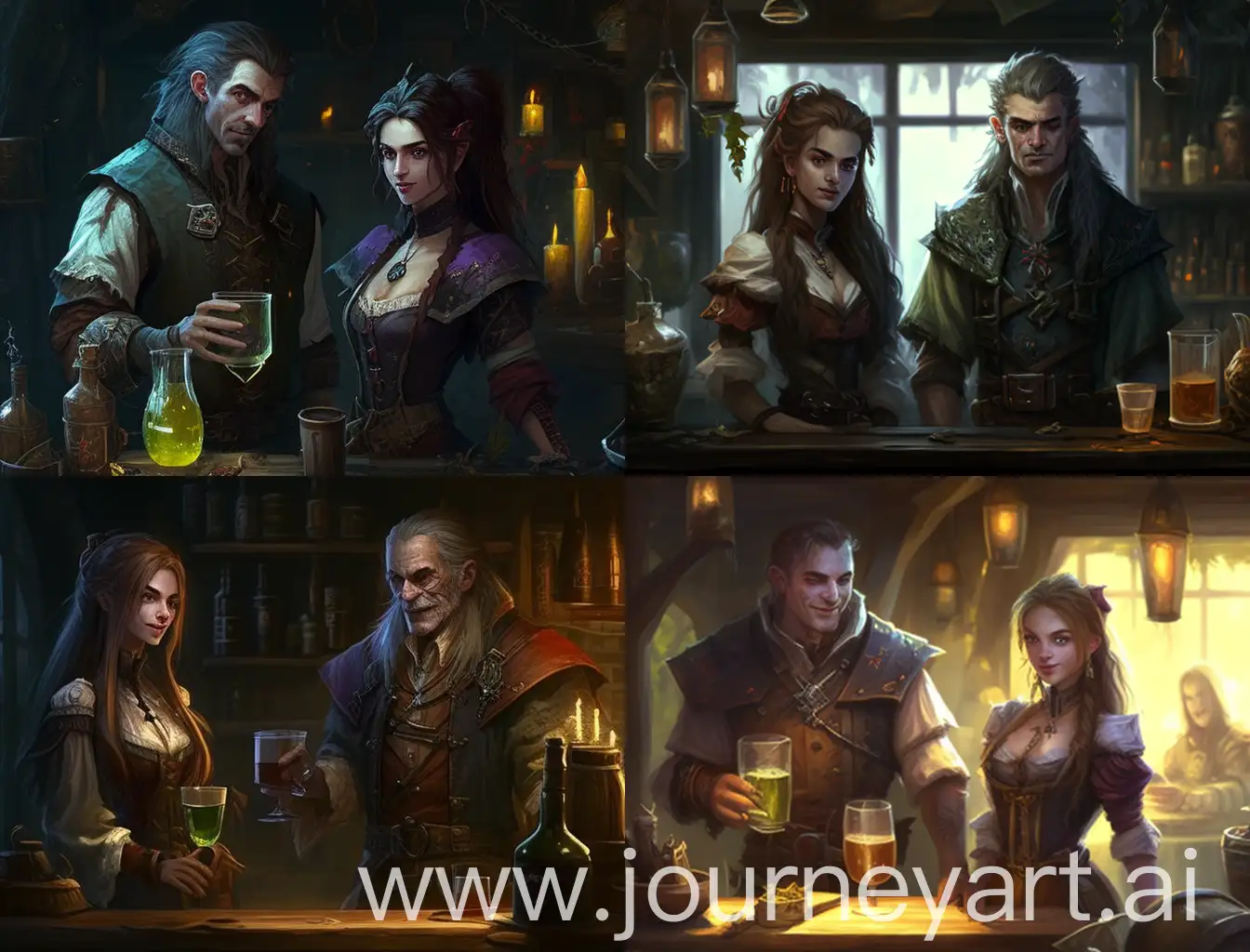 A medieval tavern with a friendly male half-demonic bartender and a pretty elven female proprietress