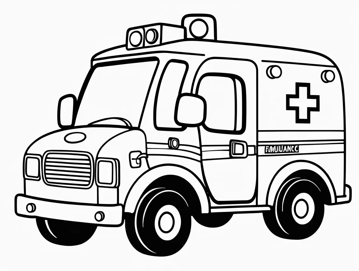 Very easy coloring page for 3 years old toddler. Cartoon ambulance. Without shadows. Thick black outline, without colors and big  details. White background.