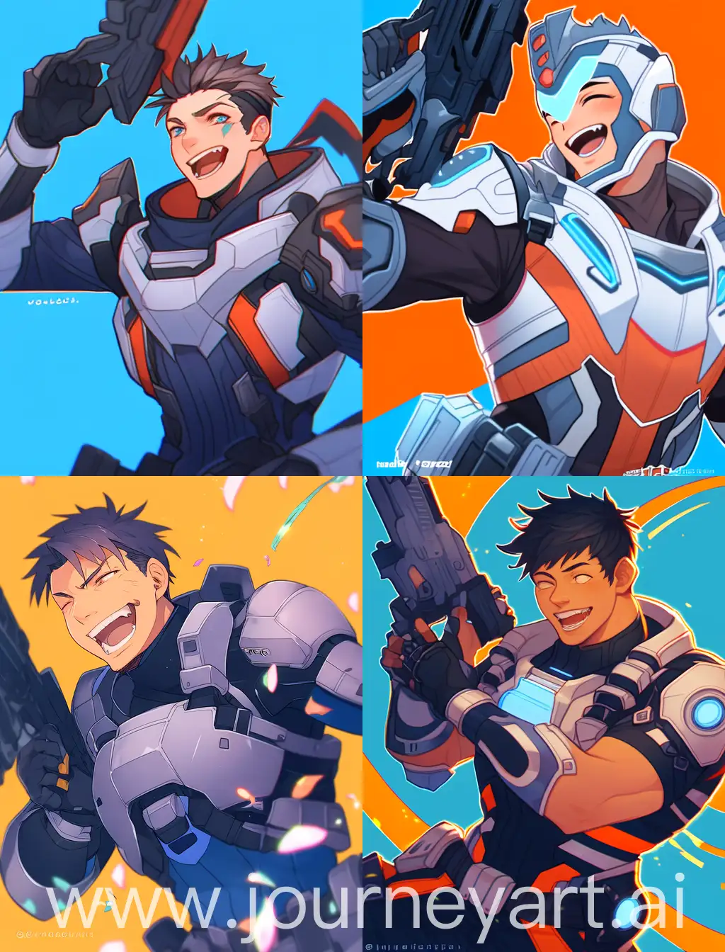 Futuristic-Anime-Character-Laughing-with-Gun-in-Hand-Against-Blue-and-Orange-Background