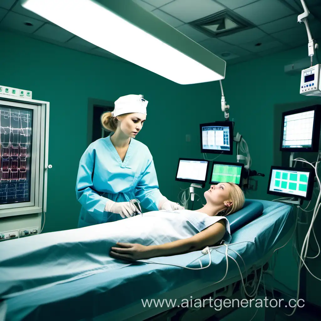 young woman in hospital gown and boffant cap lying in emergency room ECG monitor surgery light
