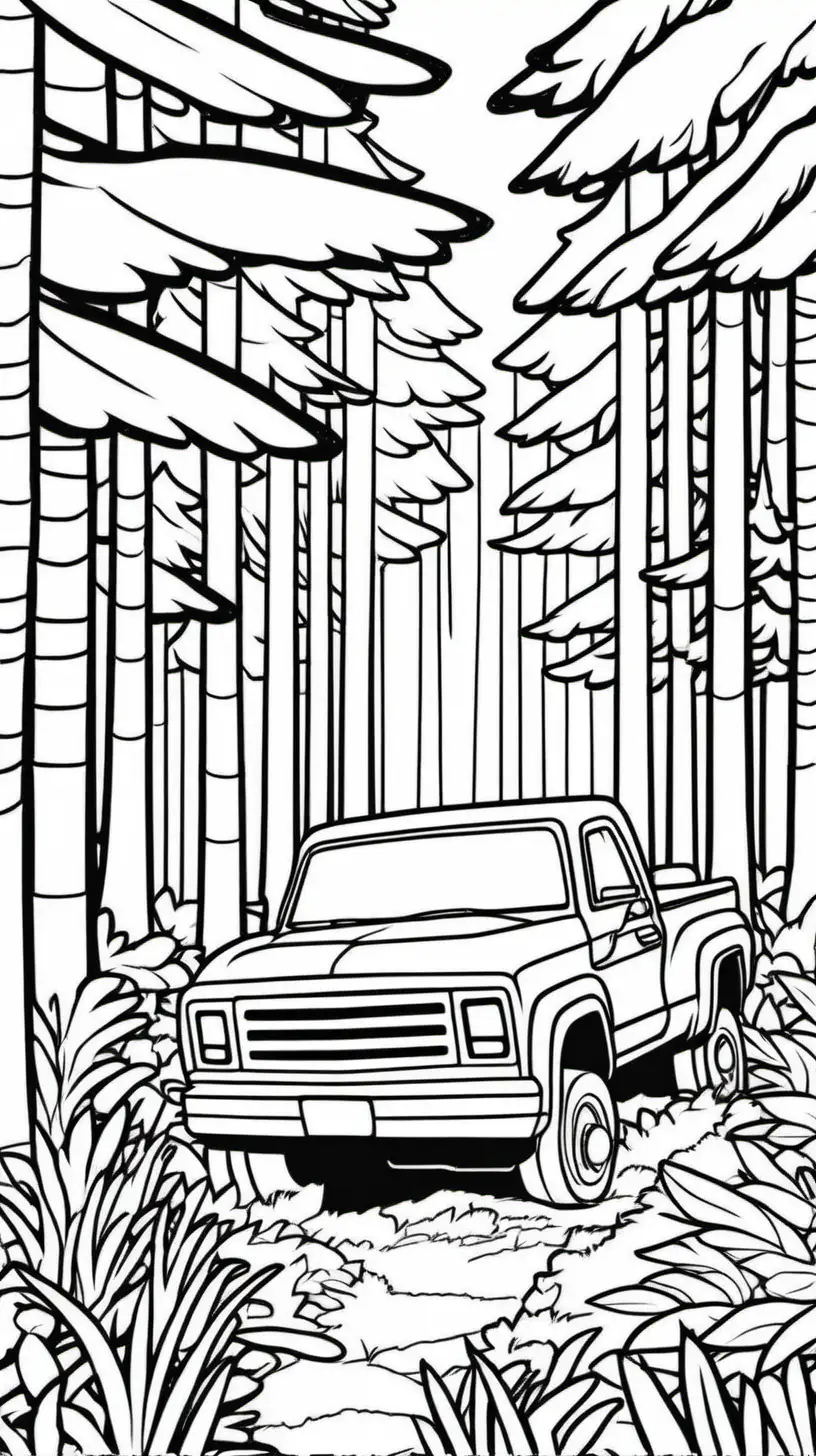 coloring book for kids, thick lines, no shading, pickup truck in the forest, --ar 9:11
