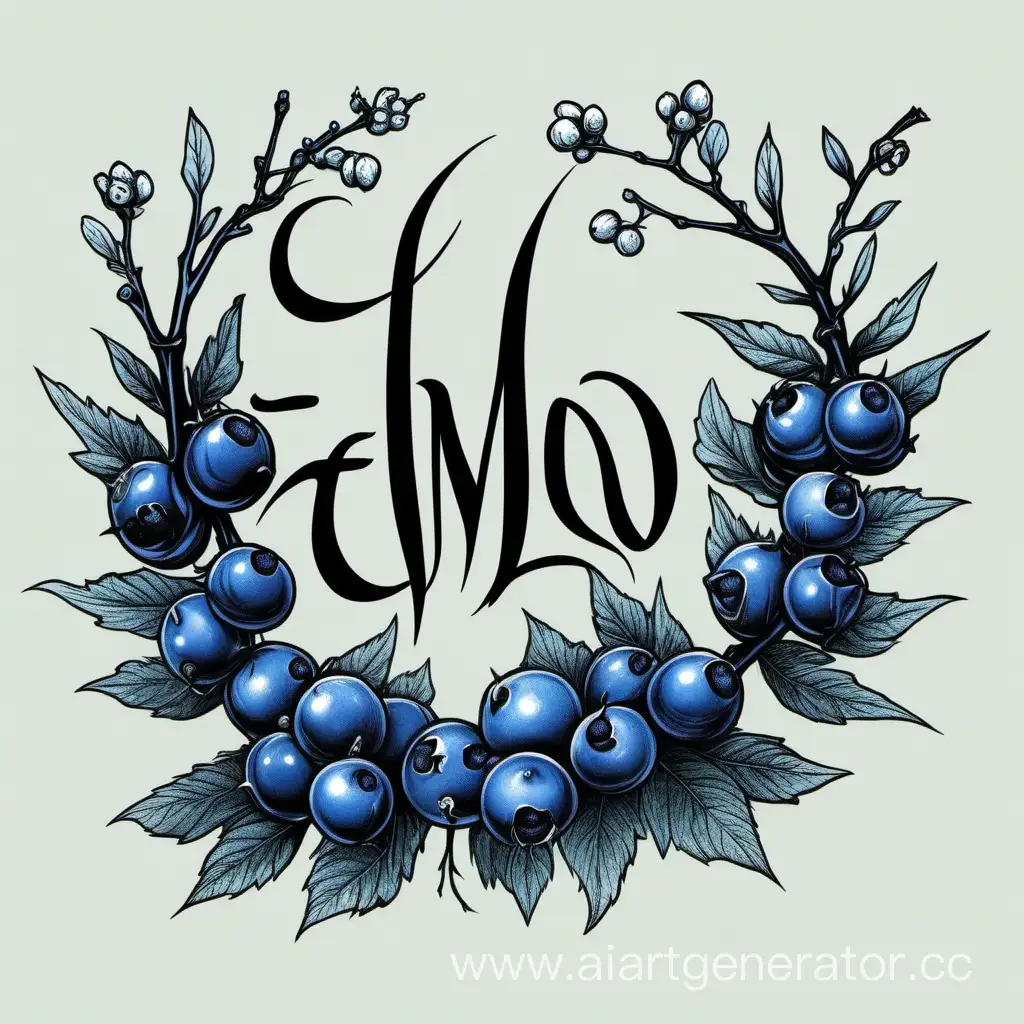 calligrafic logo for emo music band with name blackthorn with a blue berries, whate flowers and a thorn branch