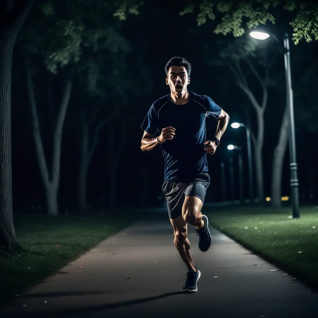 Eerie Night Run Young Man Sprinting Amidst Dense Park Trees