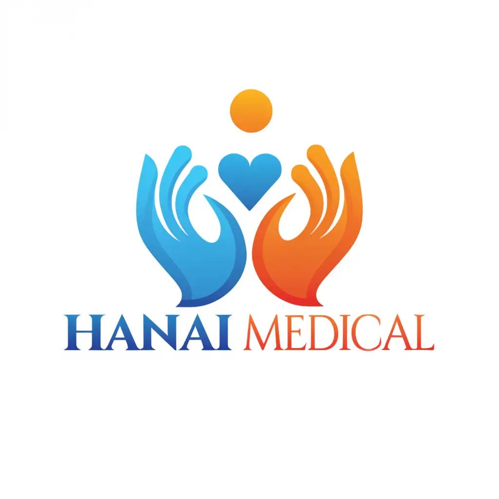a logo design,with the text "Hanai medical", main symbol:The logo needs to feature hands behind held in some way symbolizing the concept of 'Hanai' — embracing someone into the family color blue and orange,Moderate,clear background