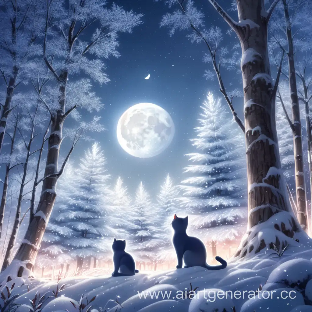 аниме, кот, зима, лес, луна, падают снежинки