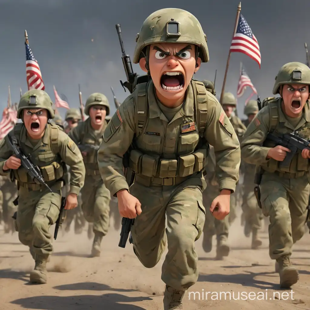 Angry american army soldiers scream and walk with weapons. American flags on helmets.  We can see his full height, every foot and every hand. Without background. Big angry eyes, open mouths. In realism style, 3D animation.