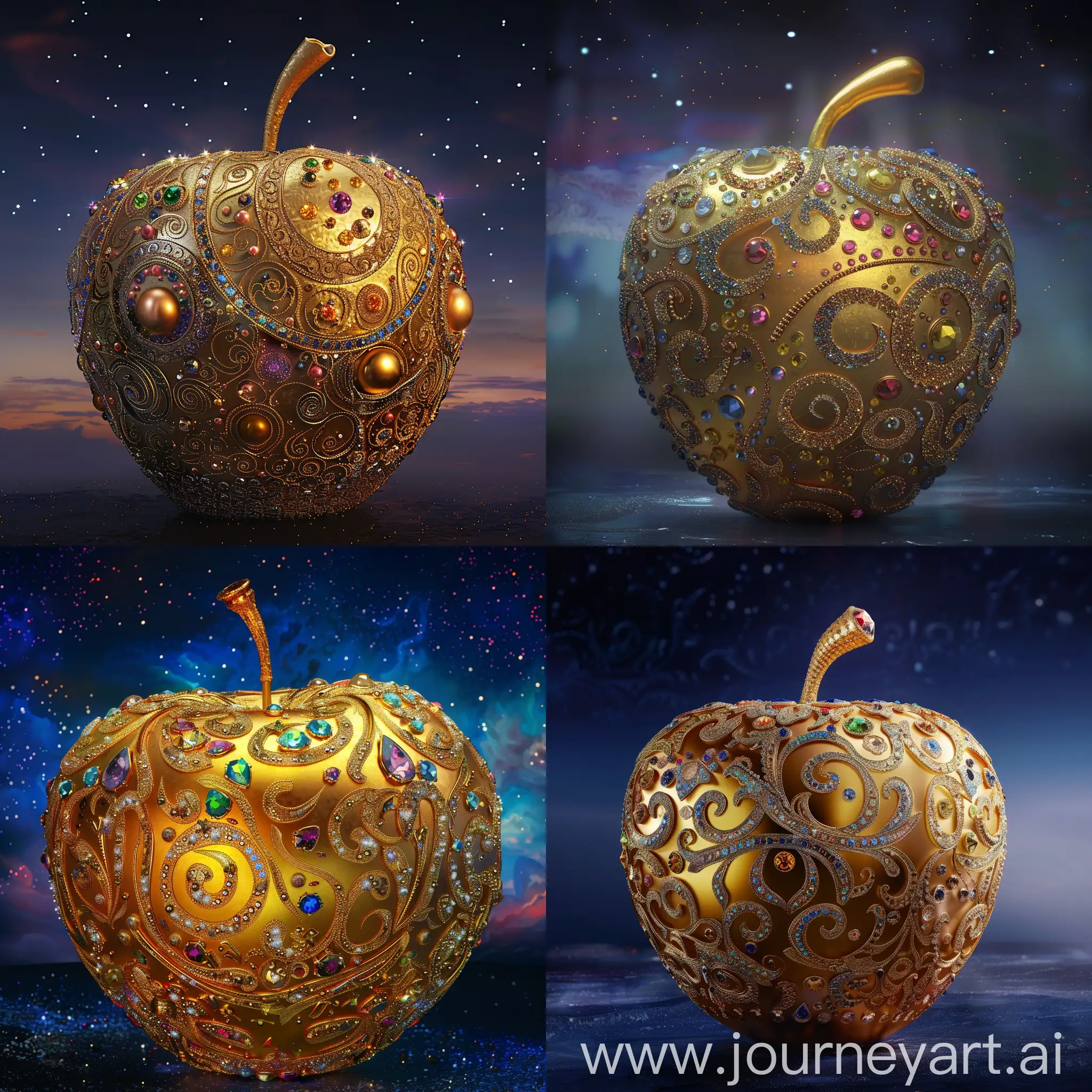 The golden apple!!!!!decorated with colorful patterns made of precious stones!!!!!!!!! against the background of the night sky!!!!!! intricate design, ornate and flowing, magical three-dimensional details, fantasy. intricate curls, beautiful ornate details, super-complex details, super-detailed metal products, exquisitely ornate, detailed and intricate image, curls, frontal light, octane number, medium sharpness, high detail