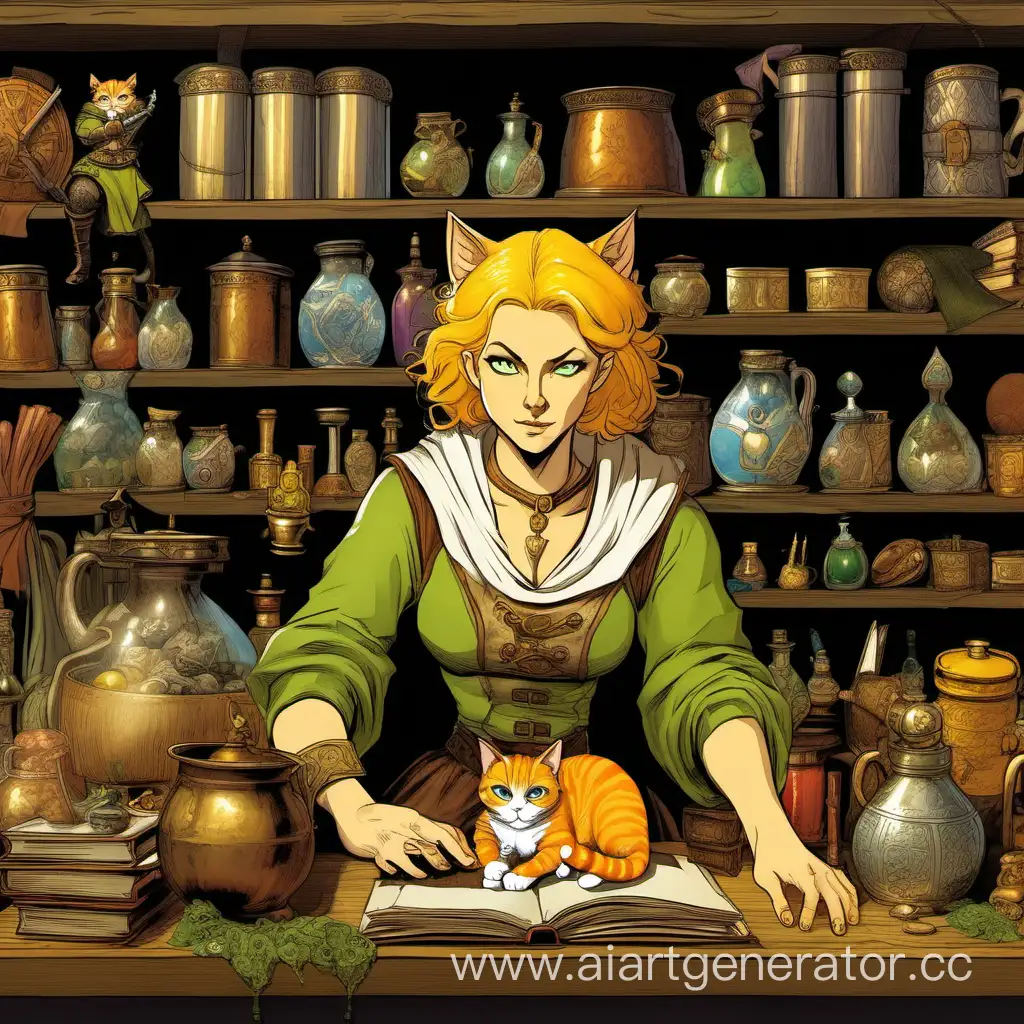 Fantasy-Medieval-Trader-with-Ginger-Cat-and-Magical-Goods