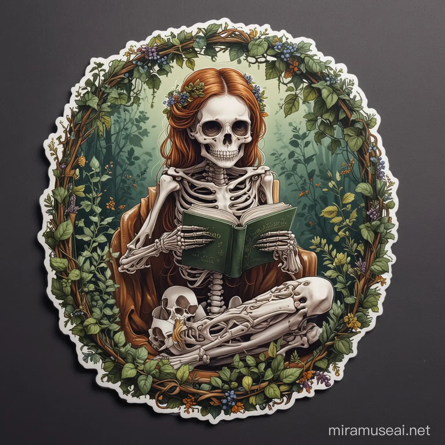 Cool Skeleton Girl Reading Book with Vines Frame and Iced Coffee