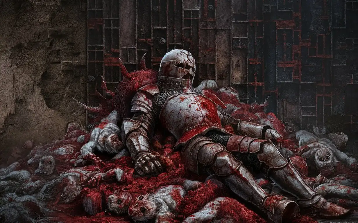  окровавленный человек в рыцарских ржавых доспехах, лежит в горе тел монстров, на фоне бесконечной железной и ржавой стены, пиксельарт 