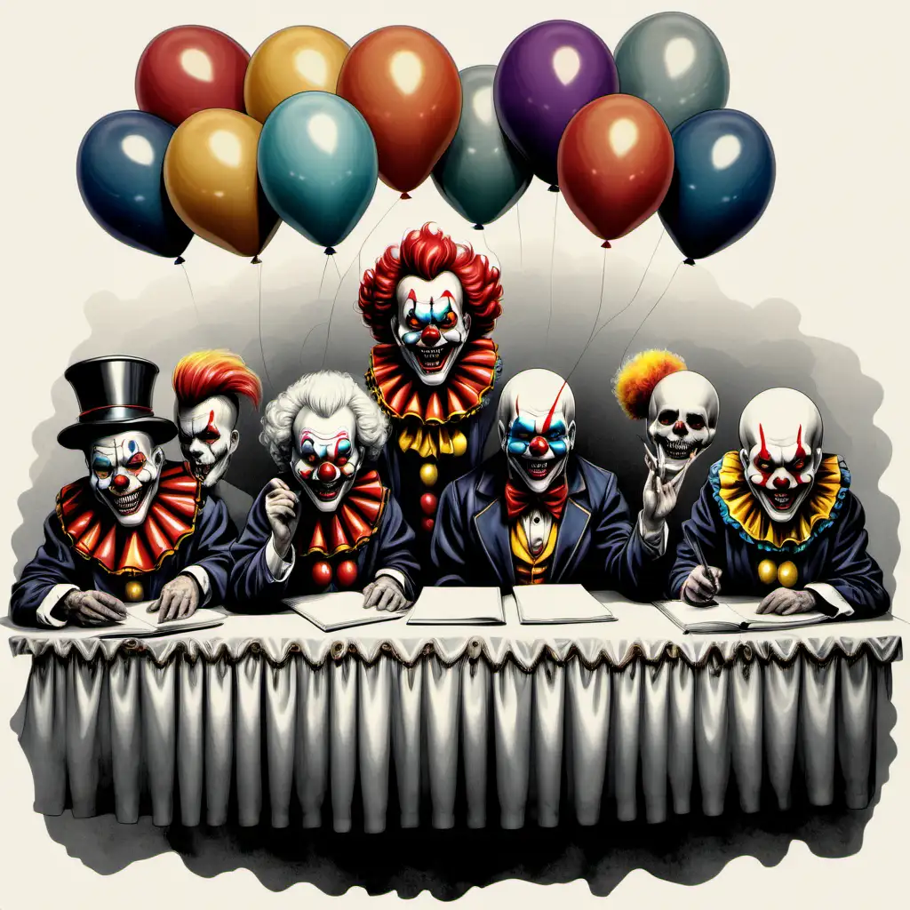 Jury and a judge, clowns, skulls. Ballons