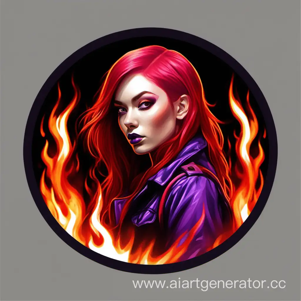 Circle icon with purple and red fire with red-hair drumgirl in the black jacket