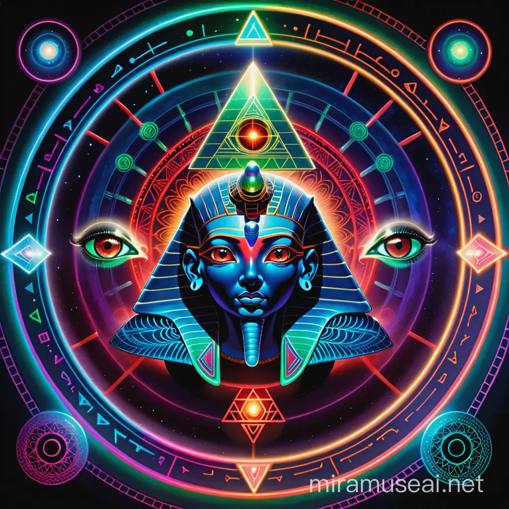 akashic records, light language, sacred geometry, mandala, hyonotic, neon lights, red, green, blue,universe, egyptian symbols, horus eyes, , psychedelic, 