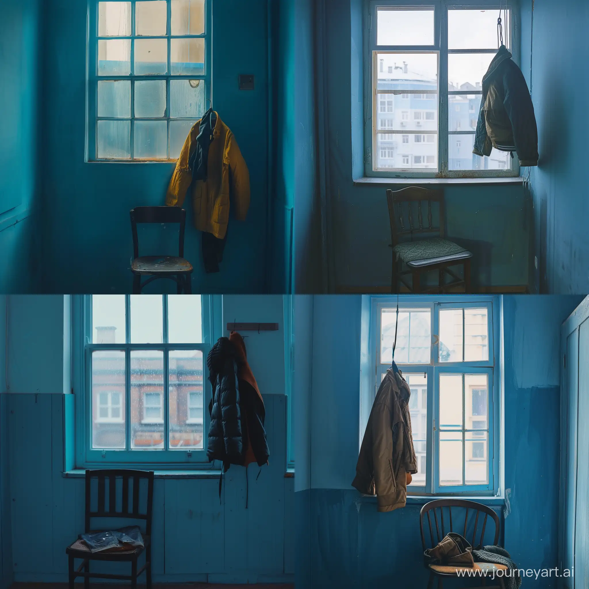 lofi blue room with a window in front of which there is a chair on which a jacket hangs