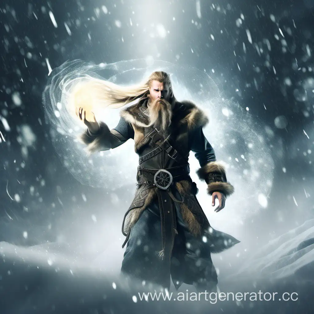 Викинг волшебник из Скайрима с длинными блондиниствыми волосами и бородой, в окружении метели пользуюется заклинанием телекинеза