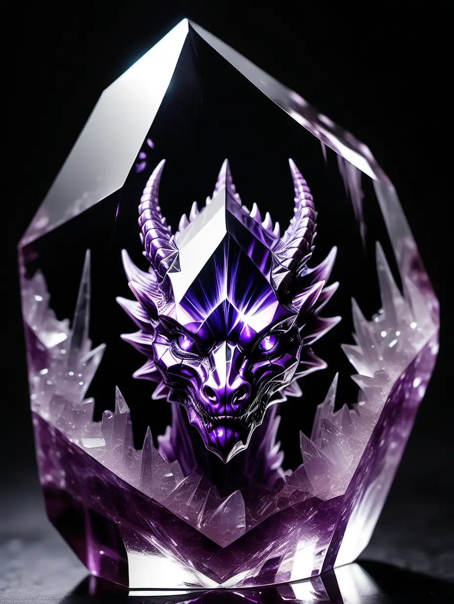 A large purple crystal shard with the face of a dragon reflected in the faces