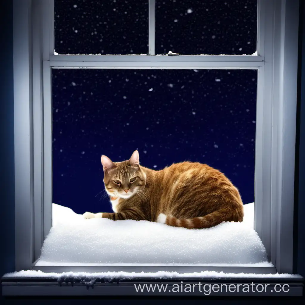 Кот, ночь, окно, комната, спать, снег