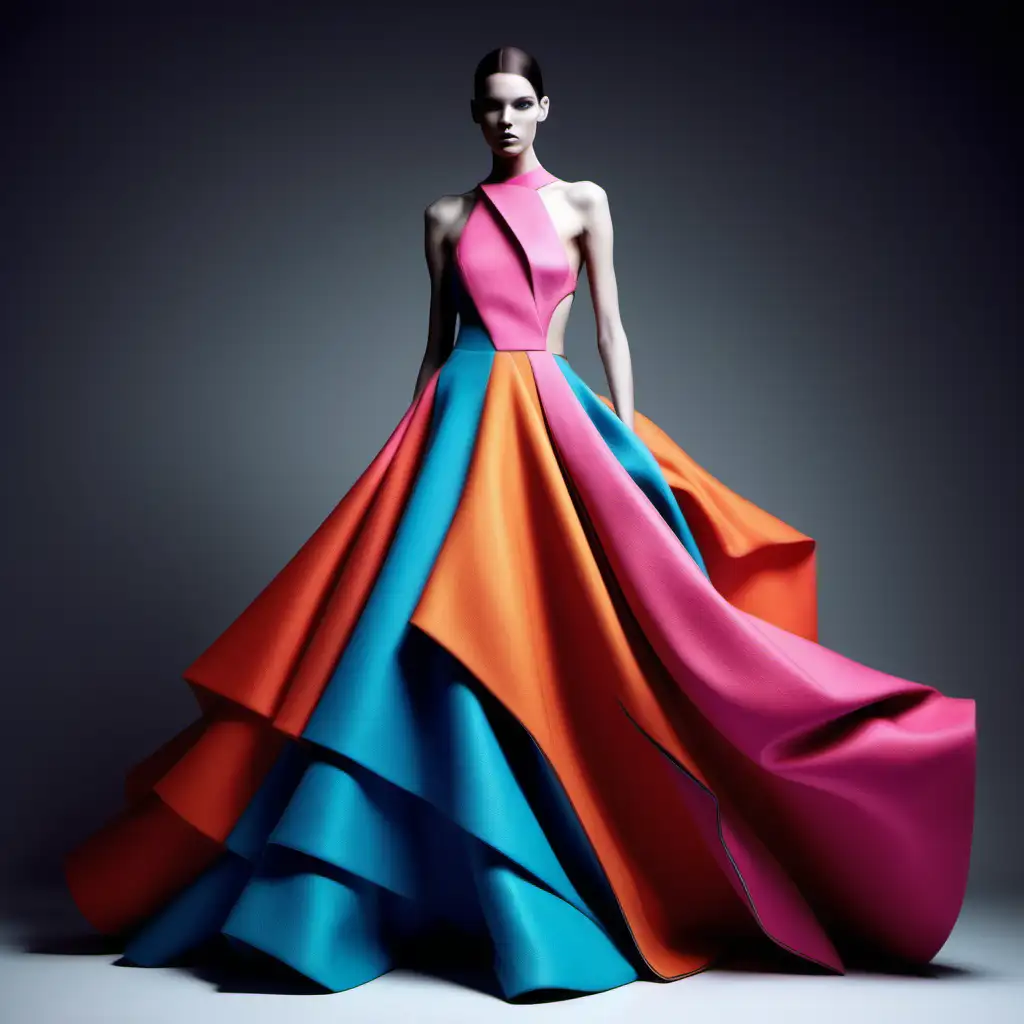 create a  fashion collection of gowns showcasing the essence of sleek sophistication and movement.  Experiment with vibrant colors of pinks and blues and oranges and greens , yellows, reds and ivory. play with design techniques and different cuts and combinations of texture and and hues to evoke the dynamic energy of  movement . goal is to inspire a fresh, edgy, elaborate and designs that are still chic and modern looks that celebrate individuality and self expression and futuristic. 