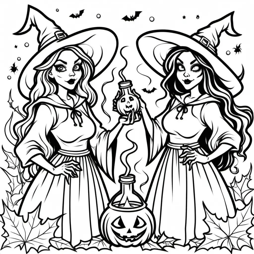 Two Young Women Witches with Potions at Halloween Coloring Book Page