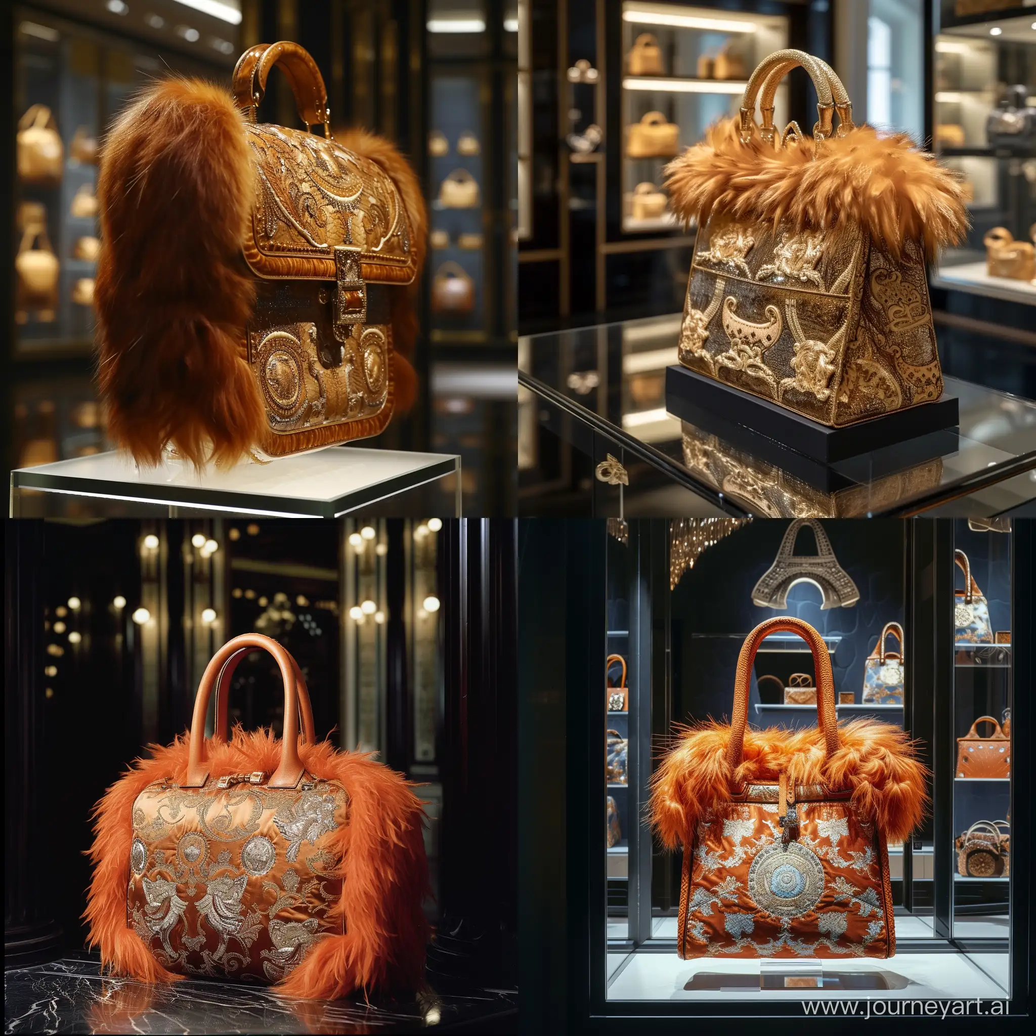 shop of versace in form of bag with fox hair , shop located in paris