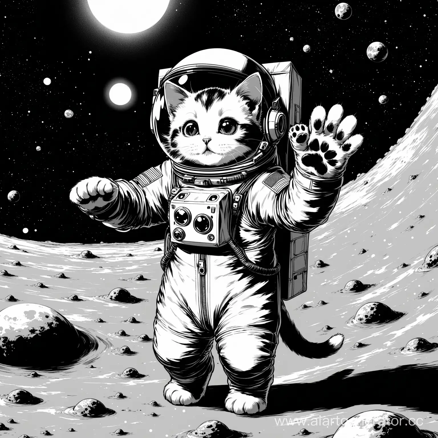 Adorable-Kitten-Astronaut-Waving-in-Monochrome-Spacesuit