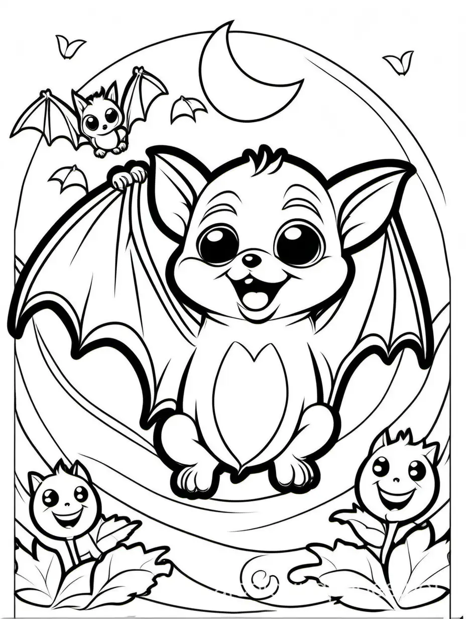 cute Bat Pup with his baby for kids easy for coloring, Coloring Page, black and white, line art, white background, Simplicity, Ample White Space. The background of the coloring page is plain white to make it easy for young children to color within the lines. The outlines of all the subjects are easy to distinguish, making it simple for kids to color without too much difficulty